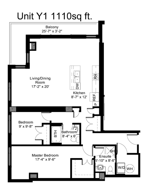 Floor plan for 2 beds, 2 baths, 1105 sqft